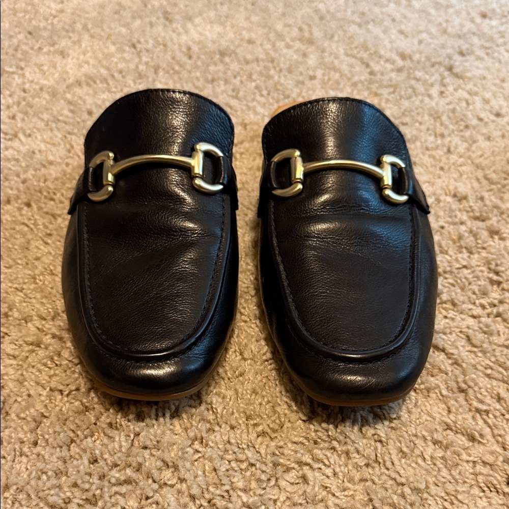 Born Black Leather Slip-On Loafers with Gold Hardware